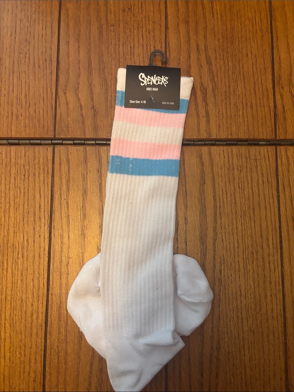 Spencer's White Knee-High Socks with Pink & Light Blue Stripes